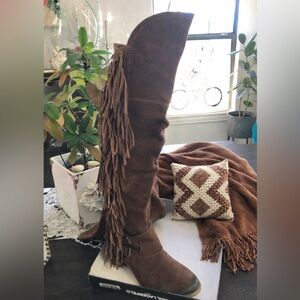 Naughty Monkey over the knee, brown suede fringed boots.